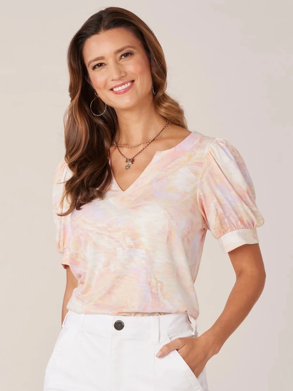 Democracy Marble Print Puff Sleeve Knit Top Petite Small NWT $48